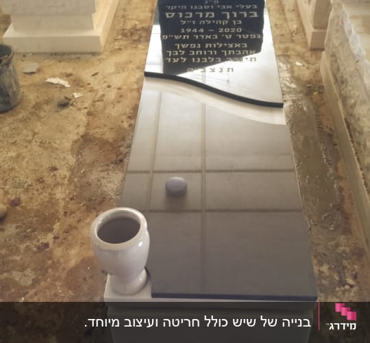 מצבה שחורה עם כיתוב בעברית על רקע אבן